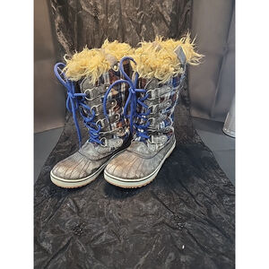 Sorel Boots Bracken Estate Plaid Tofino Winter Waterproof Faux Fur, Sz7, EUC